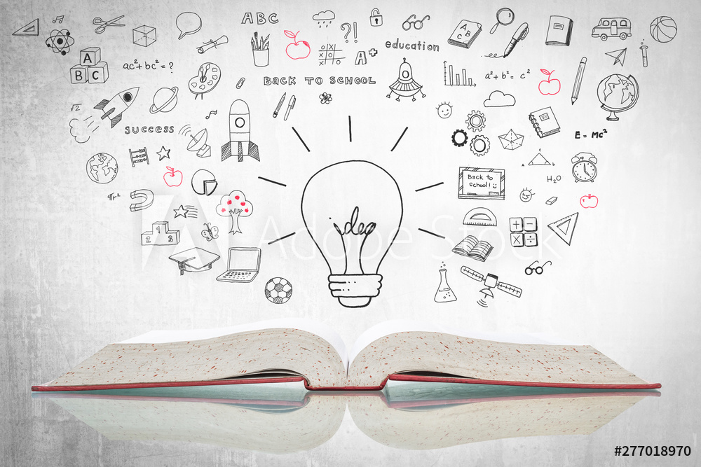 World intellectual property day and education concept with innovative light bulb on book with doodle
